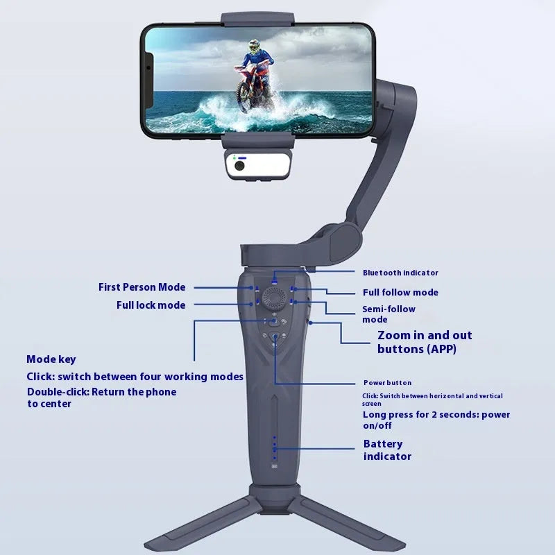 Three-axis anti-shake bracket for mobile phones with intelligent tracking, ABS material, supports phones up to 280g and 9cm wide