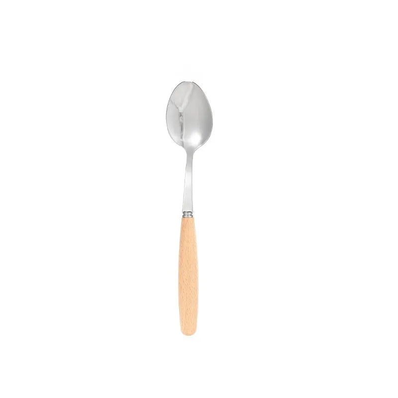 Waxed canvas portable storage bag containing a wooden handle knife, fork, spoon, butter knife, and chopsticks for outdoor dining.