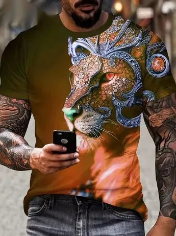 Men's black T-shirt with a fierce 3D lion graphic print on the front.
