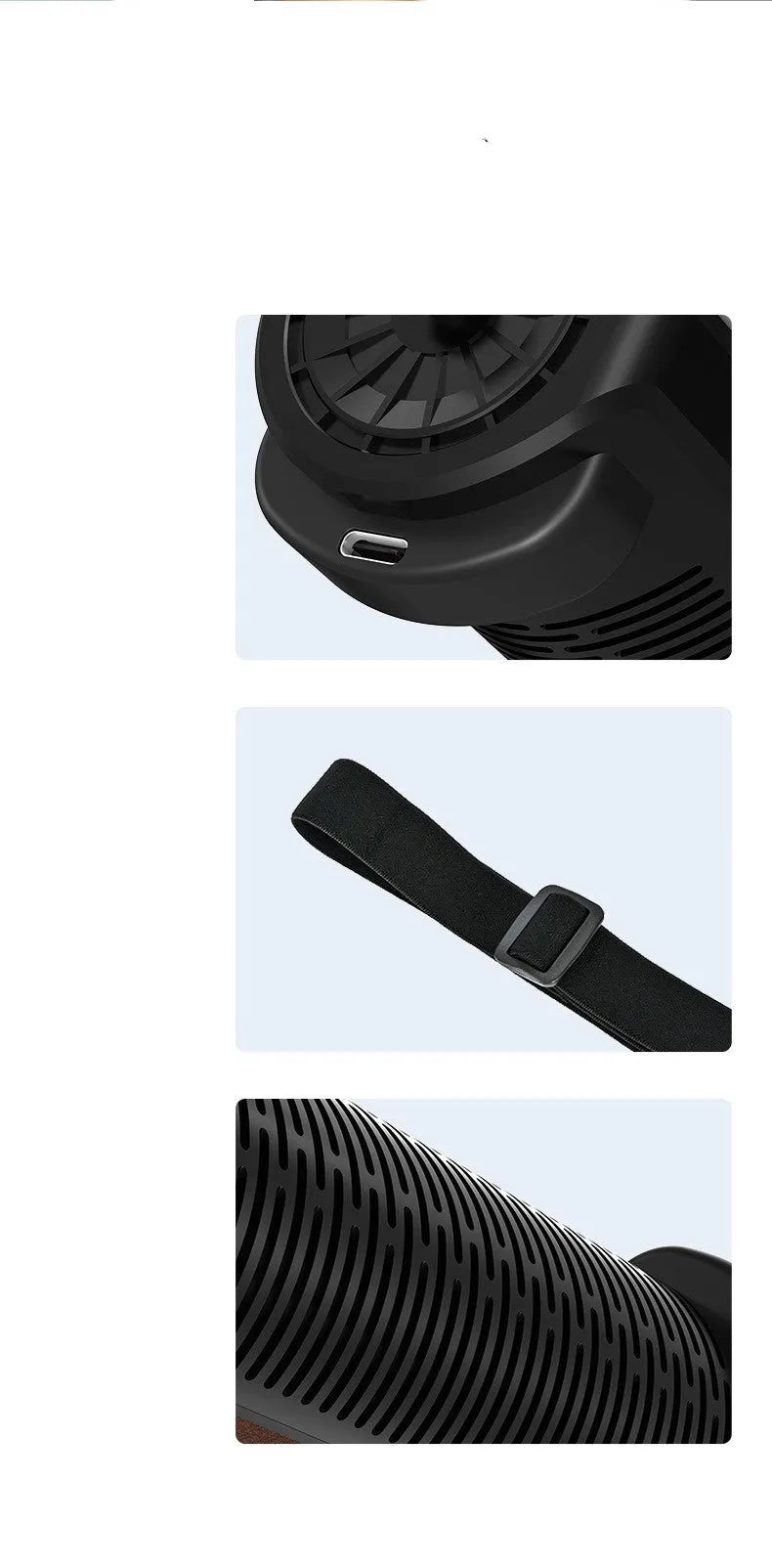Bladeless car mounted fan in black colour with USB power cord, shown with dimensions.