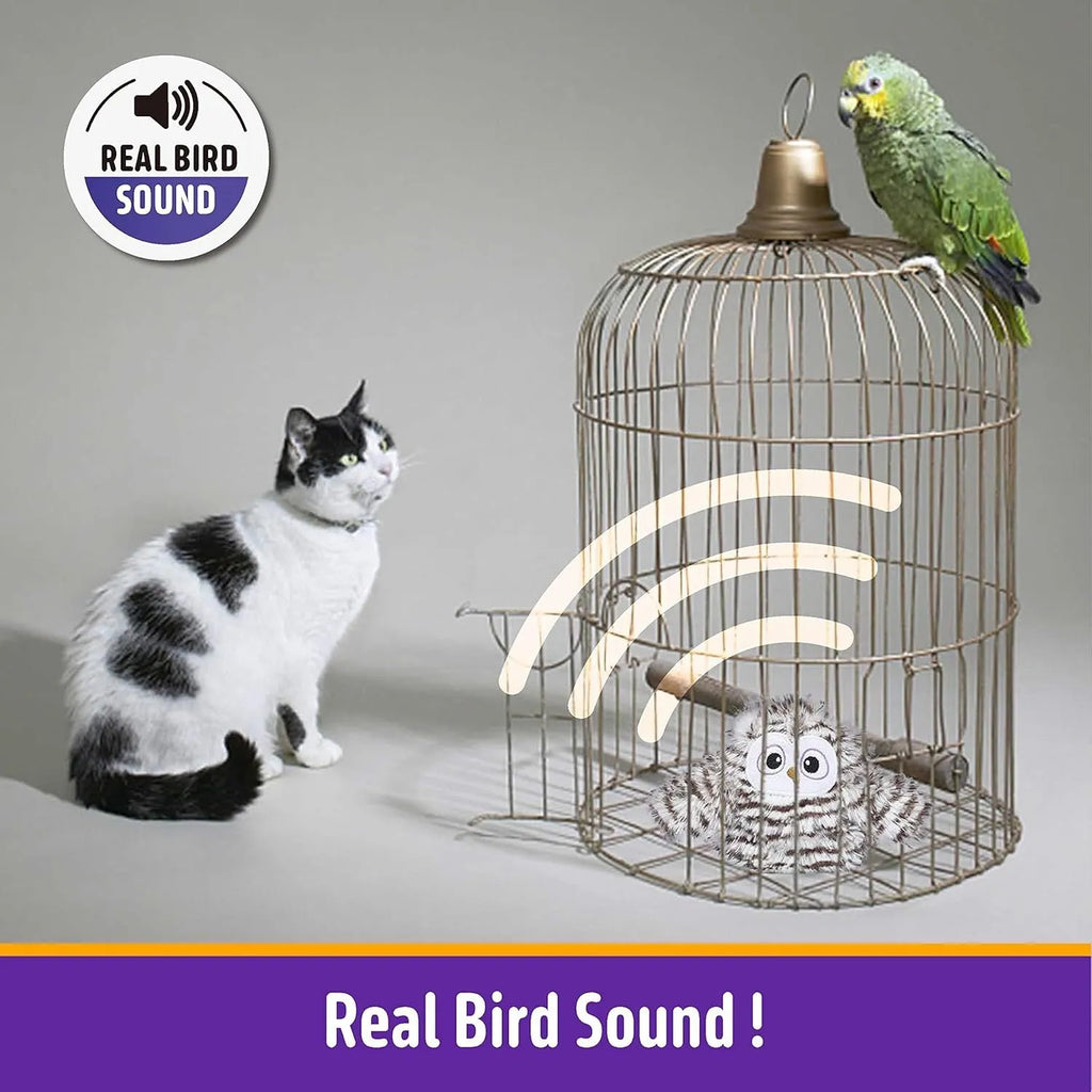 Gray automatic owl cat toy with beating wings on USB charger