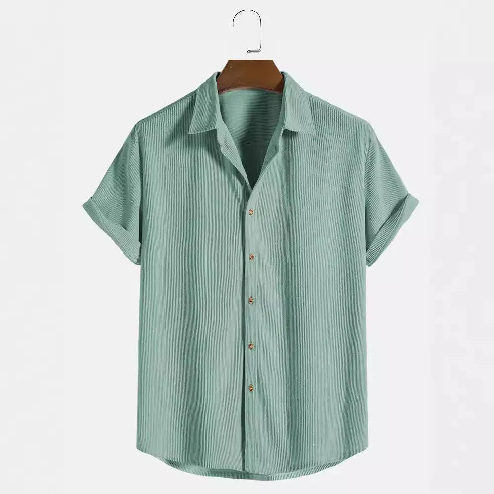Men's light grey short-sleeve cardigan style casual shirt on a hanger.