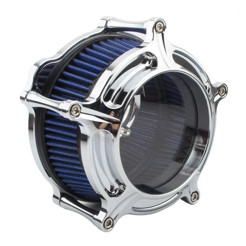 Aluminium air filter housing for car retrofit in various colour options including blue, red, and black.