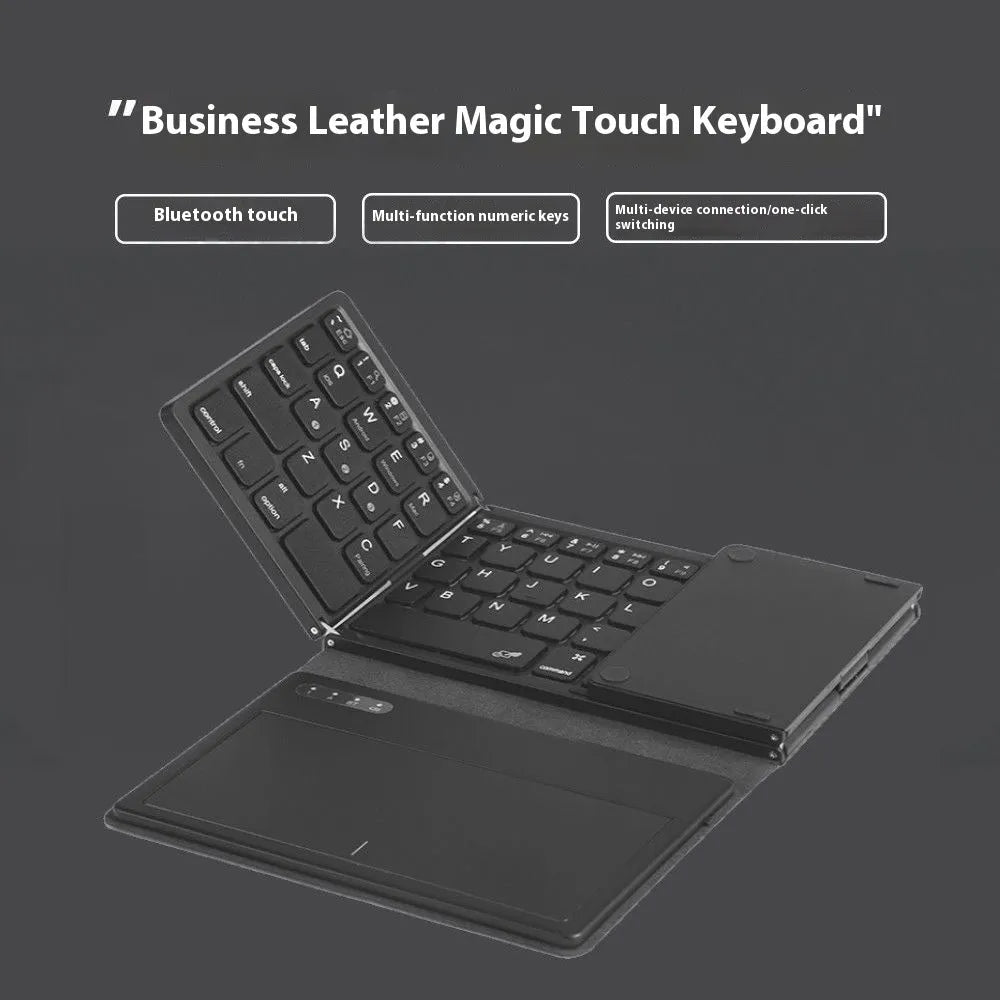 Black B055 Bluetooth folding keyboard, business leather style, unfolded and folded dimensions, Type-C interface