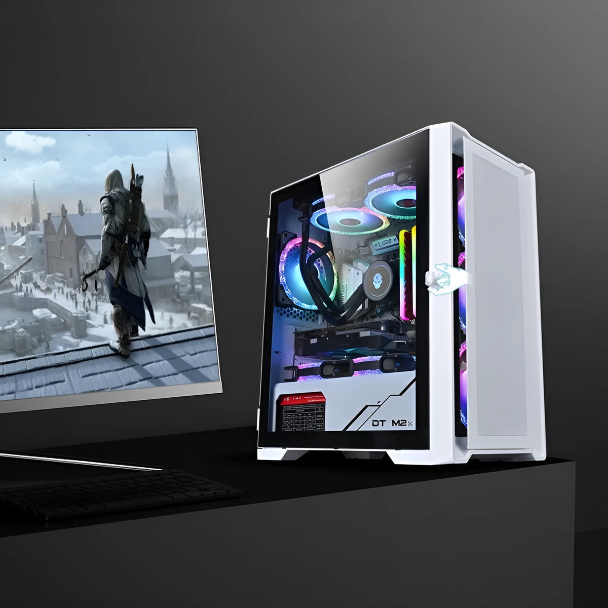 Black wide body tempered glass ITX computer case, SECC sheet steel, 35.6 x 21 x 42.2 cm