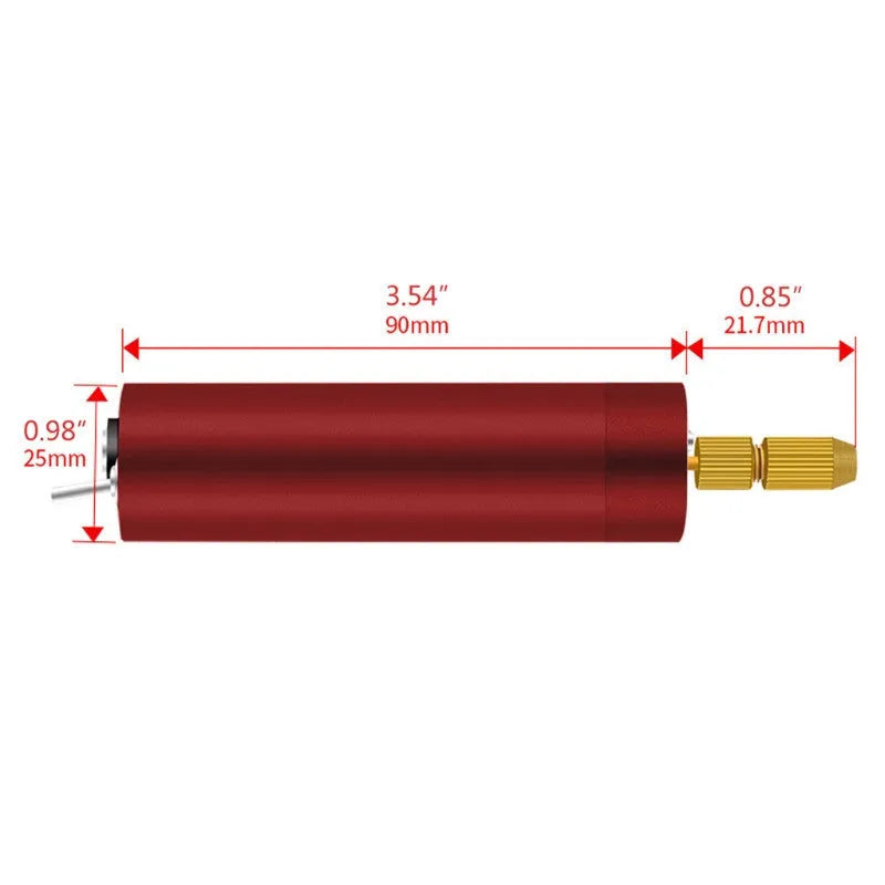 Micro USB electric grinder with three drill bits and wrench on a white background