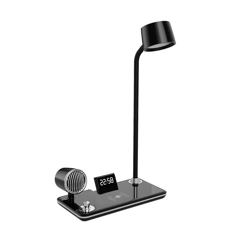 White intelligent wireless charging lamp with digital clock display on a wooden table.