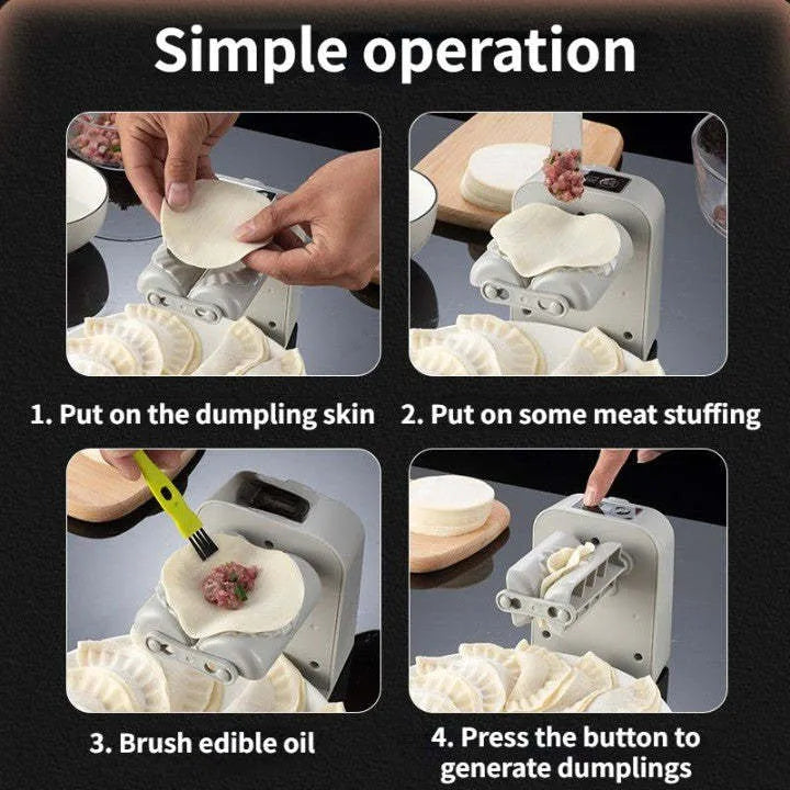 White automatic electric dumpling maker machine with USB cable and accessories on a kitchen counter.