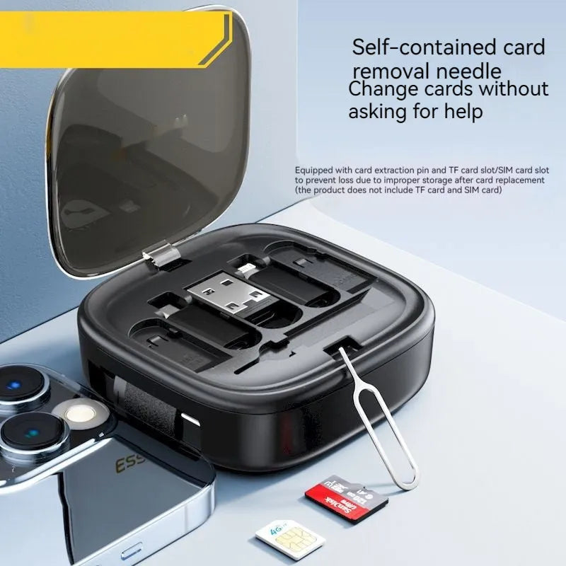Black and white ABS PC mobile phone charging interface cable storage box with multi-function cable