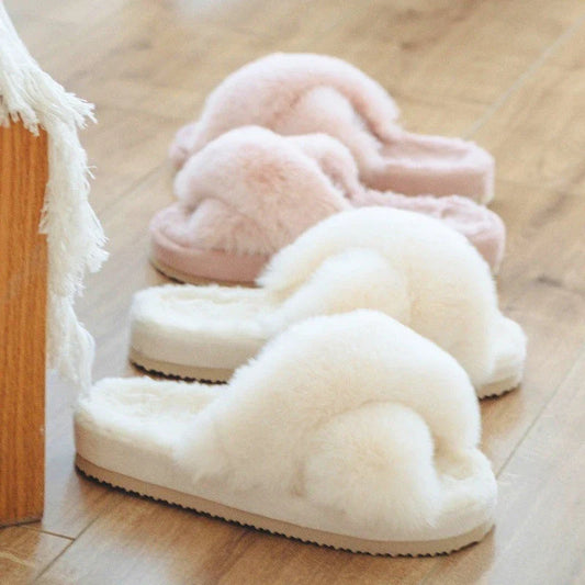 Plush faux fur slippers in various colors for cozy indoor comfort and style