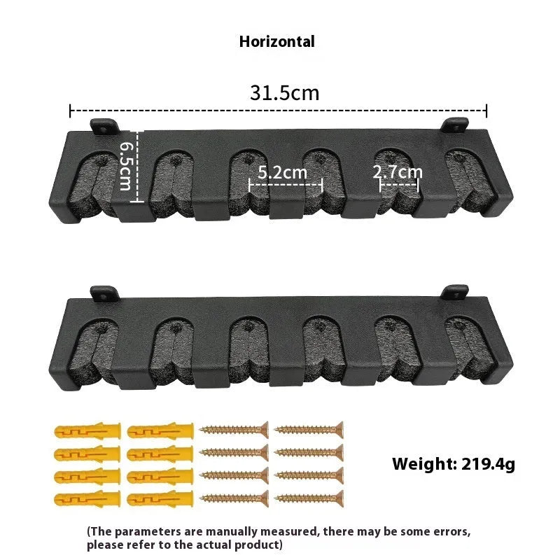 Black ABS plastic wall-mounted fishing rod holder in horizontal and upright display orientations