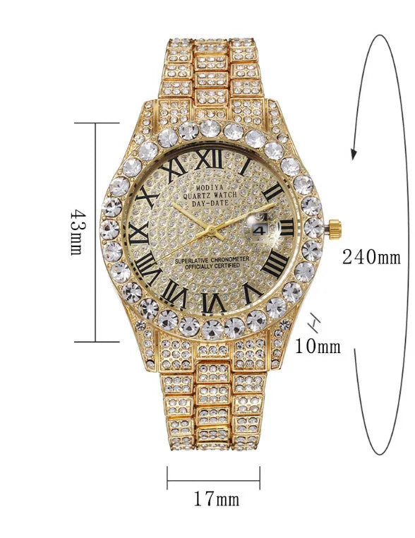 Quartz wrist watch with full diamond surface dial, Roman scale, and steel case in silver or gold colours