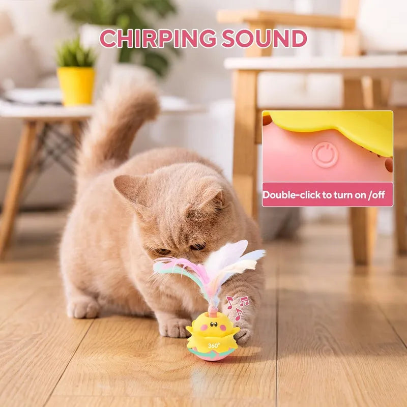 Pink interactive automatic cat feather toy with LED lights, chirping sound, and 360° rotation for indoor cats.