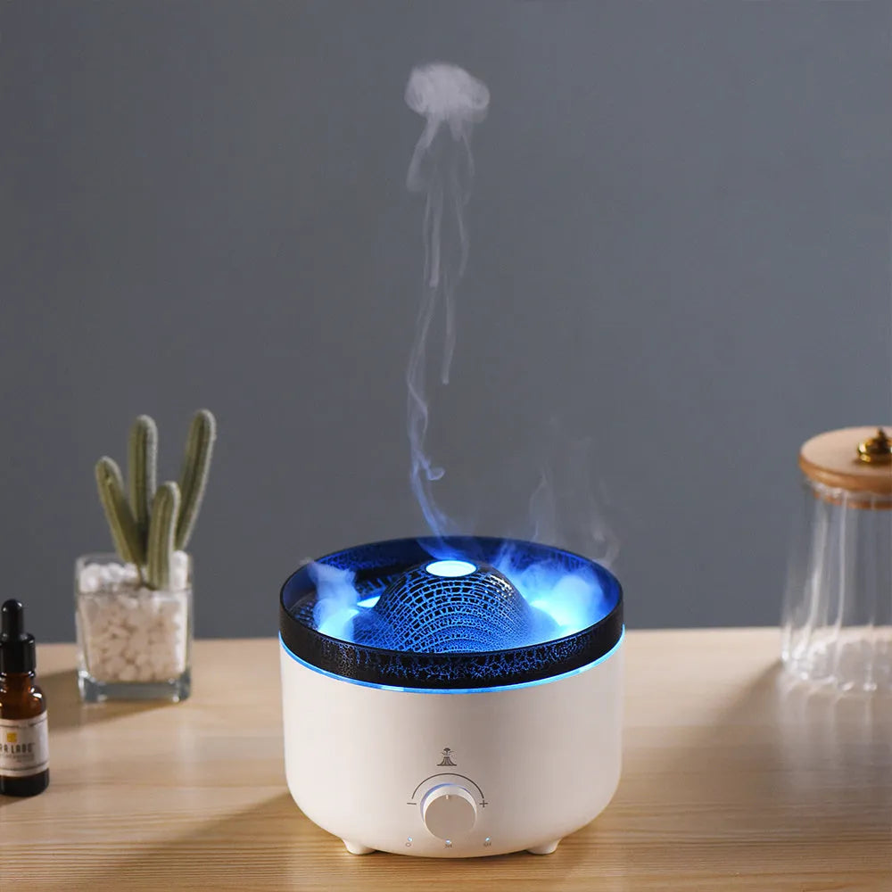 White volcano-shaped humidifier with flame effect lighting and remote control