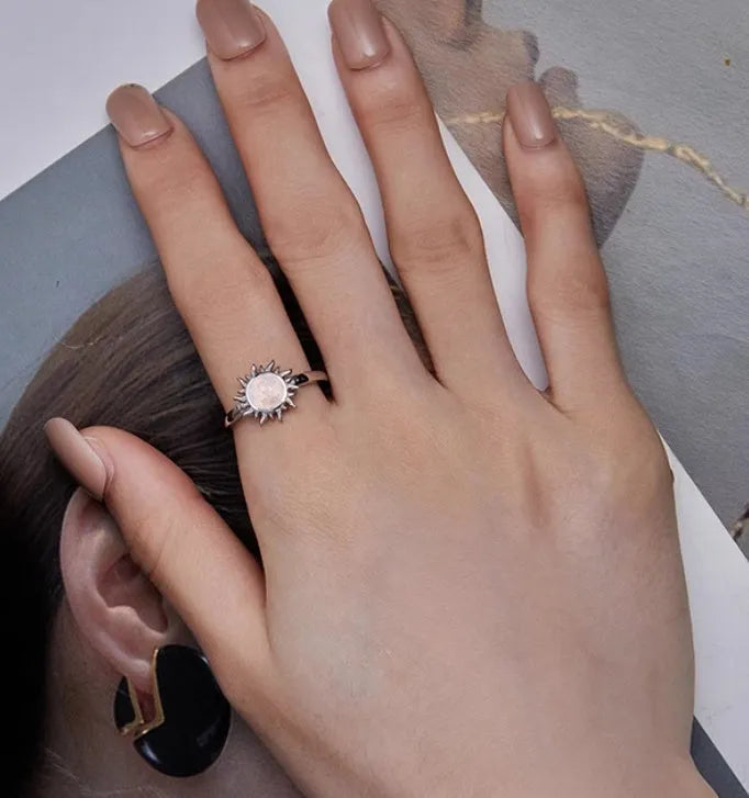 Adjustable 925 sterling silver ring with inlaid gemstone, silver colour, for women