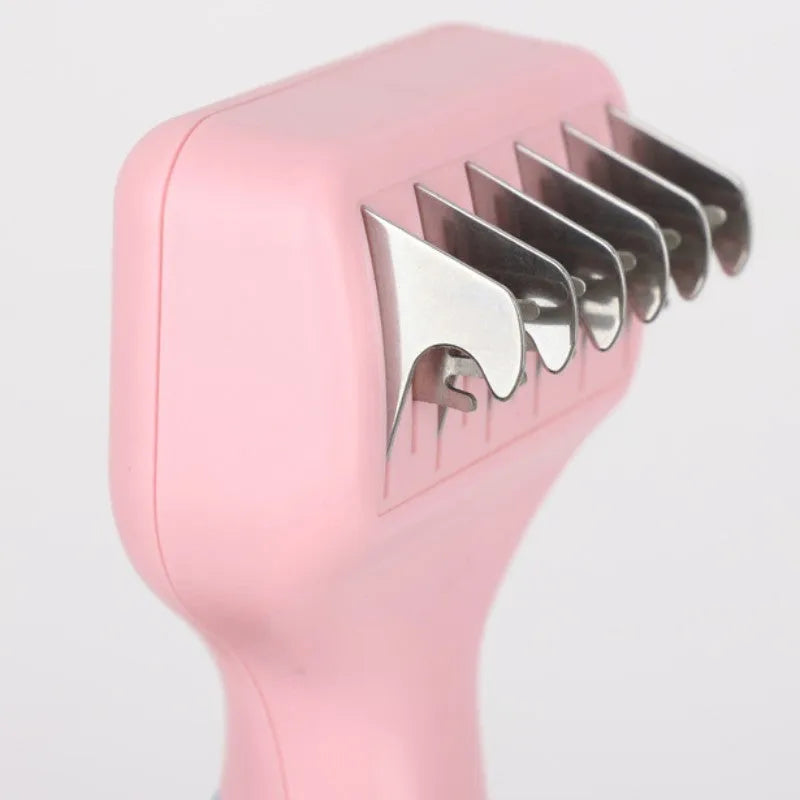 Stainless steel pet grooming comb with knot knife and massage brush in pink colour