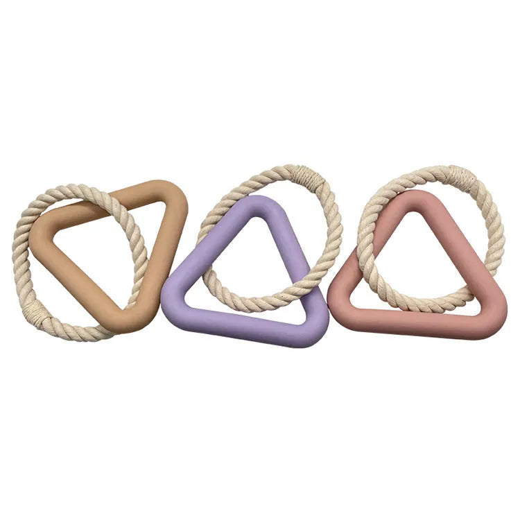 Large triangular cotton rope dog pull ring toy in beige, pink, or purple colours