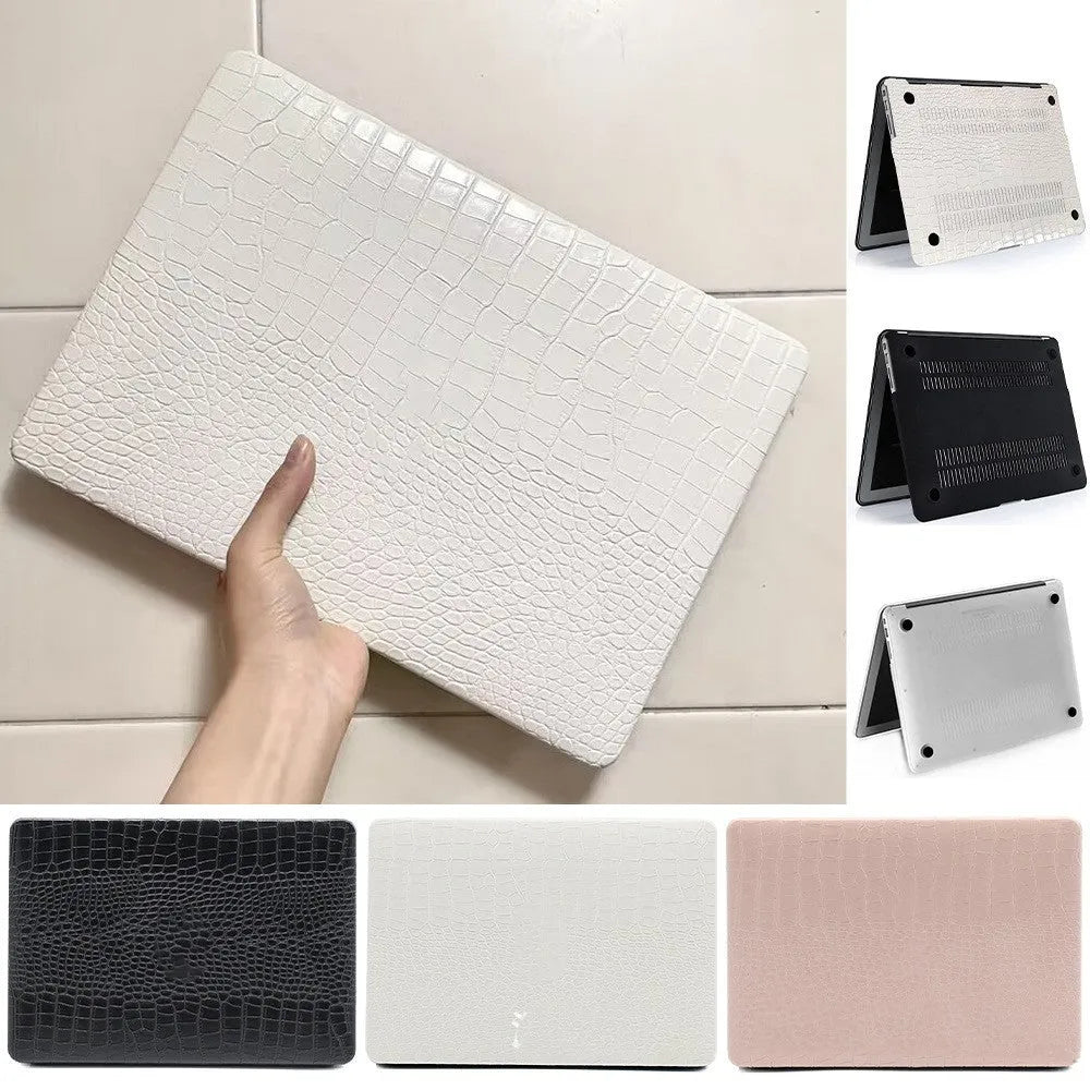 MacBook laptop case with crocodile pattern texture in black, white, or soft pink, showing hollowed Apple logo.