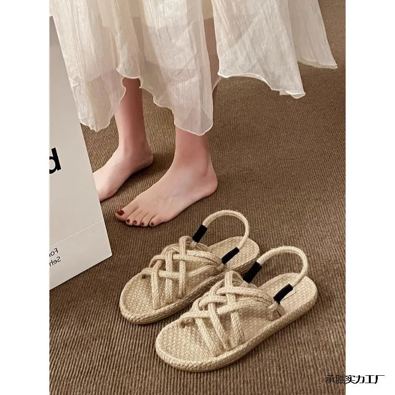 Braided hemp rope sandals in black or khaki, lightweight non-slip rubber sole, sizes 35-40
