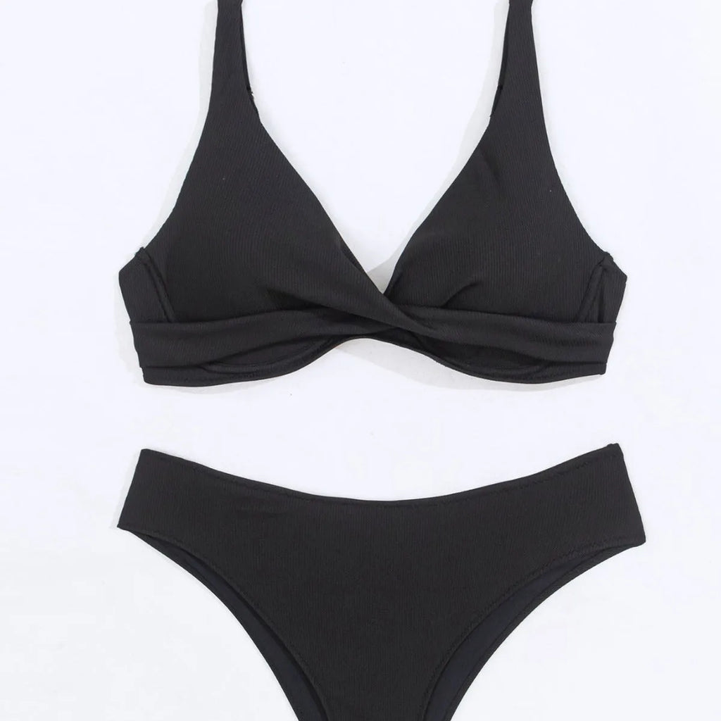 Women's rib fabric bikini set in black, green, blue colours with briefs style