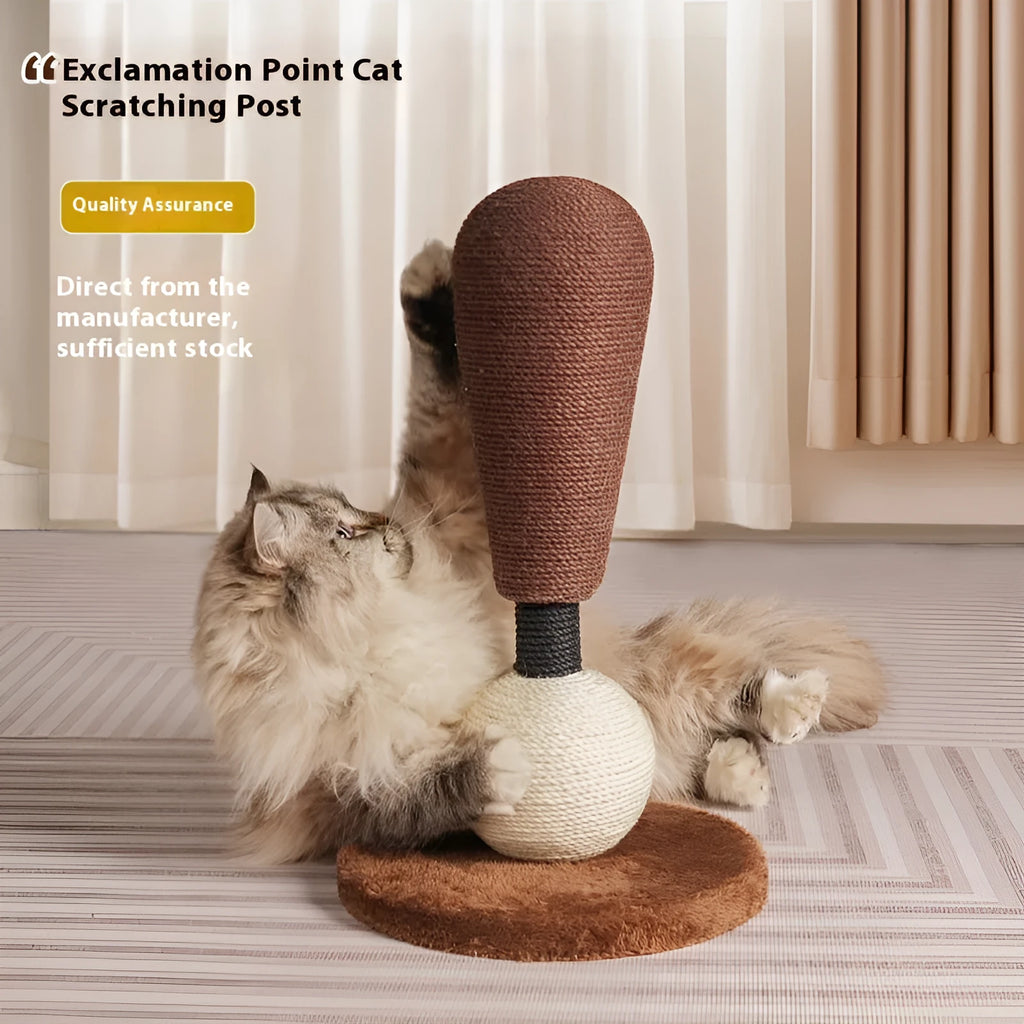 Exclamation-point-shaped vertical cat scratch board made of jute with cartoon-style design