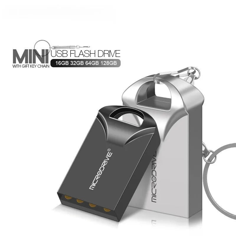 Compact black and silver metal USB flash drive on a white background, showing mini size.