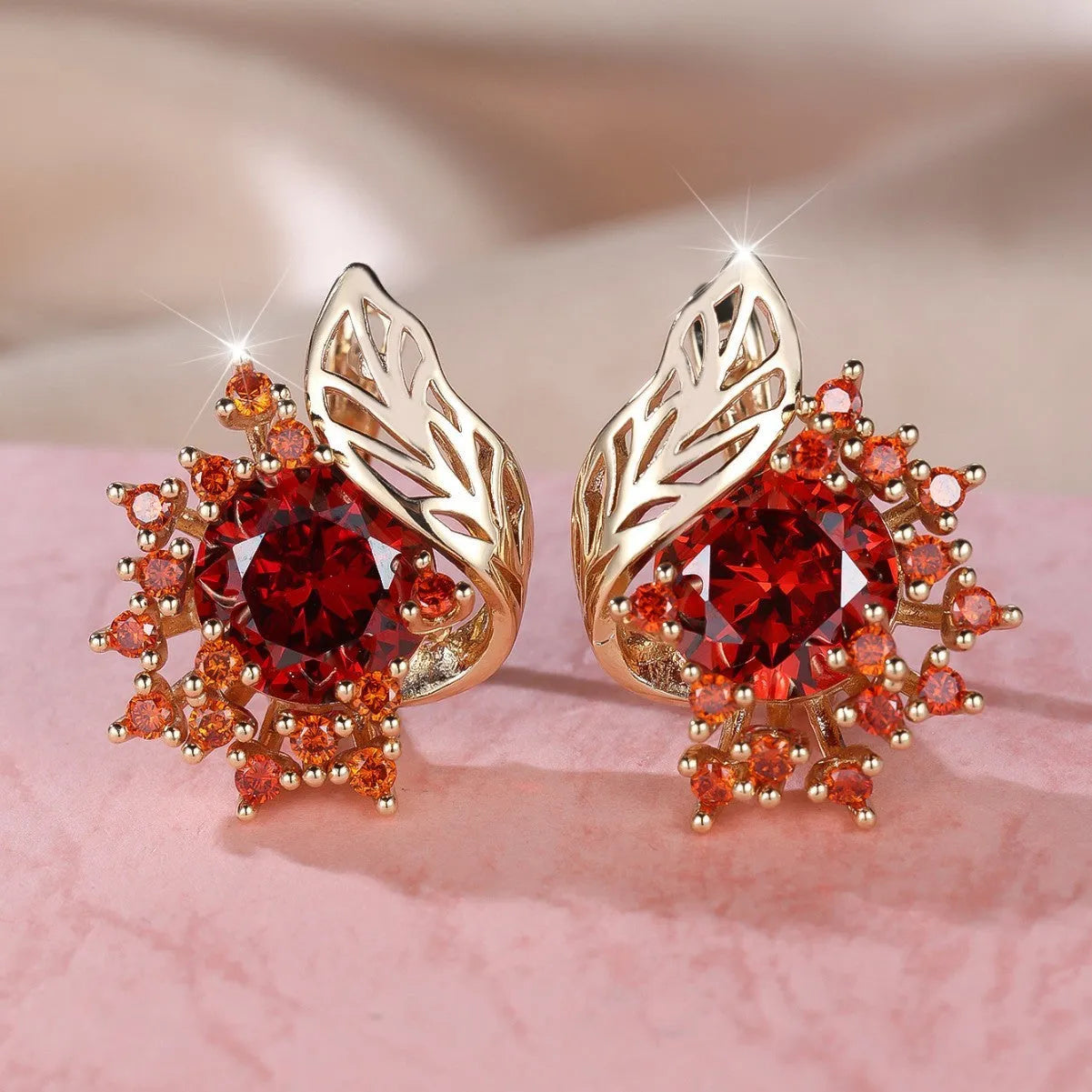 Round flower feather design zircon earrings in rose gold with six champagne gold colour options