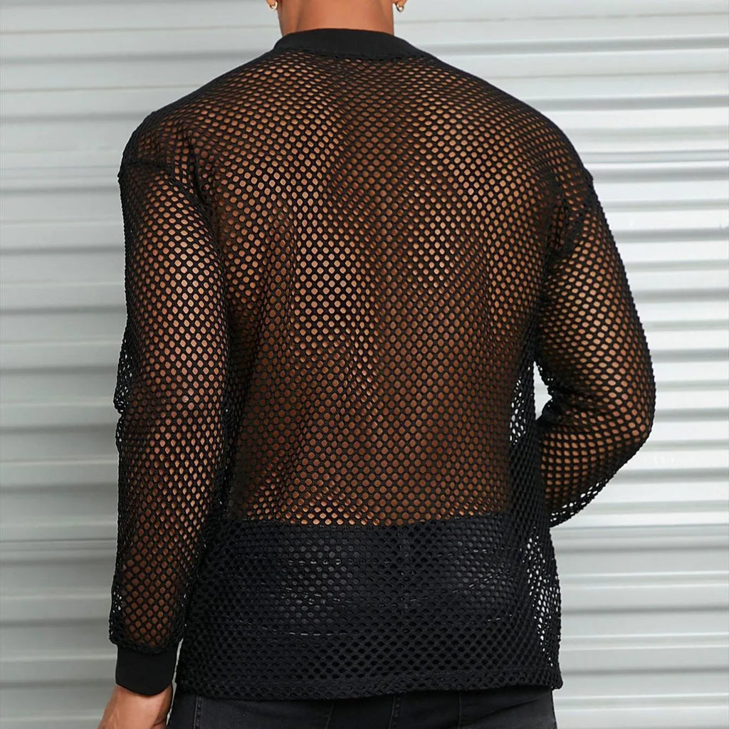 Black men's long sleeve mesh pullover shirt with drop shoulders and hollow design details
