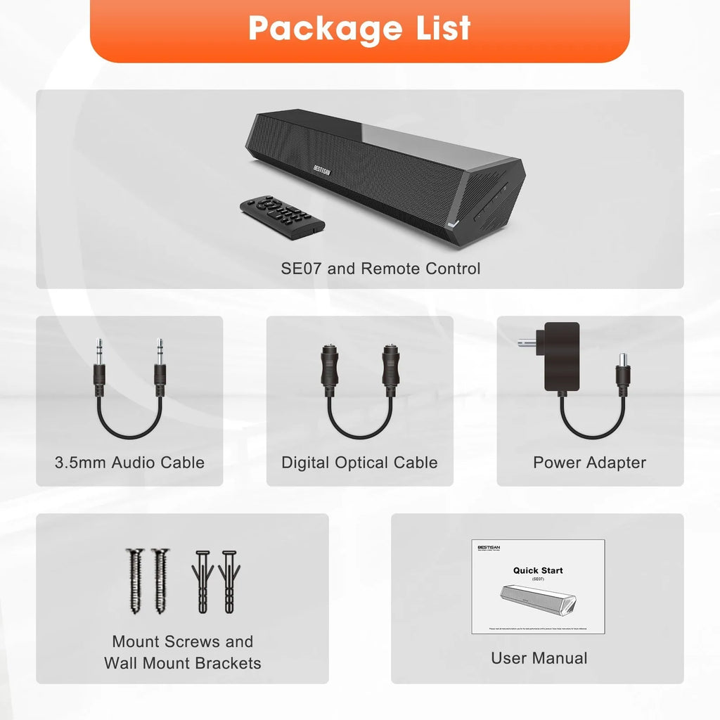 Black 40W wall soundbar with remote control, 420mm wide, HDMI and optical inputs for home TV audio
