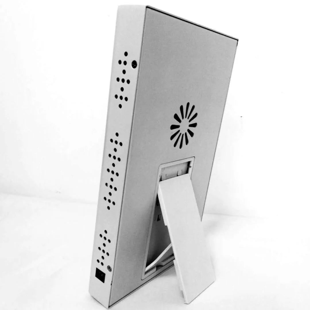 Red light therapy lamp on desktop stand with support frame, red housing and white finish option