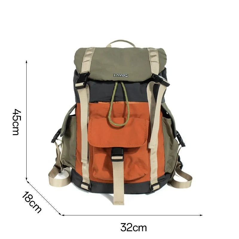 Orange and green contrast colour outdoor backpack with multiple compartments and air pillow belt system