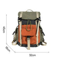 Orange and green contrast colour outdoor backpack with multiple compartments and air pillow belt system