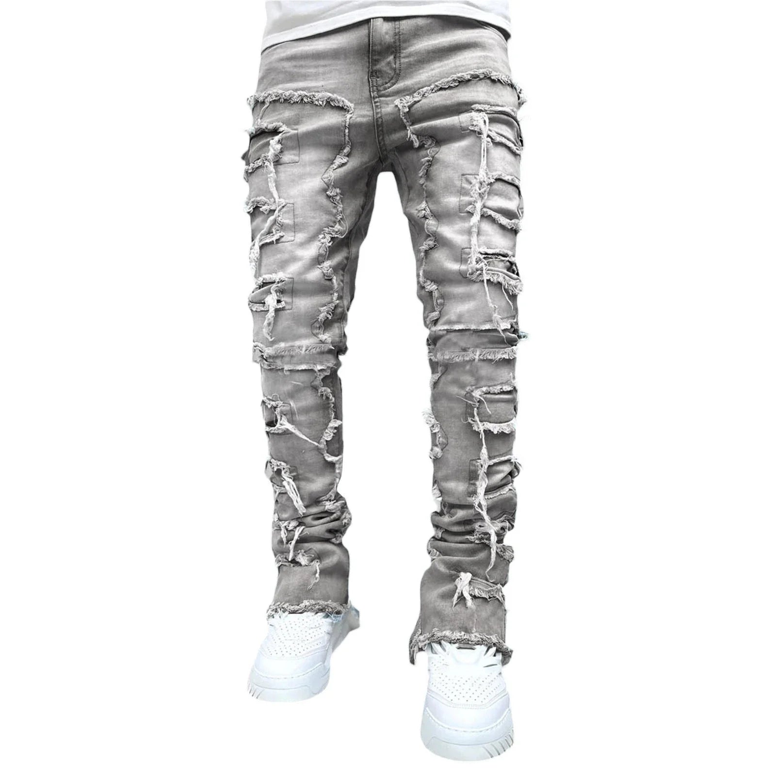 Stylish and comfortable men's jeans featuring a unique patched design, available in a variety of colors and sizes