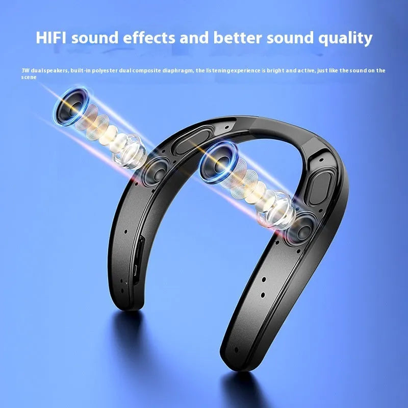 Neck-mounted stereo wireless Bluetooth speaker in black with USB charging