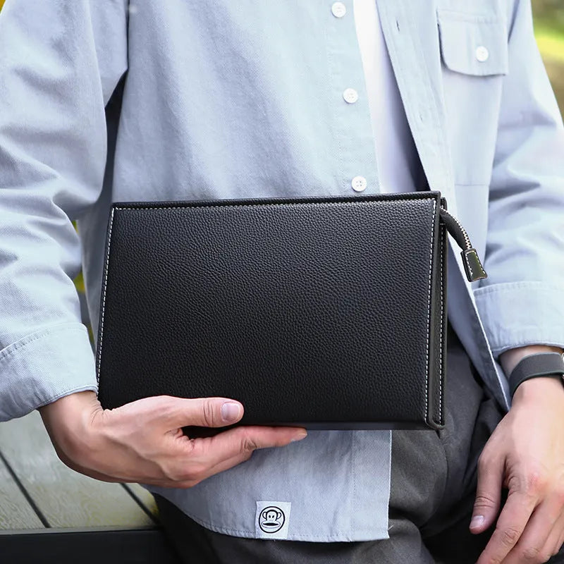 New Clutch Men's Briefcase Soft Leather Black PU Material Sewing Thread Business Handbag