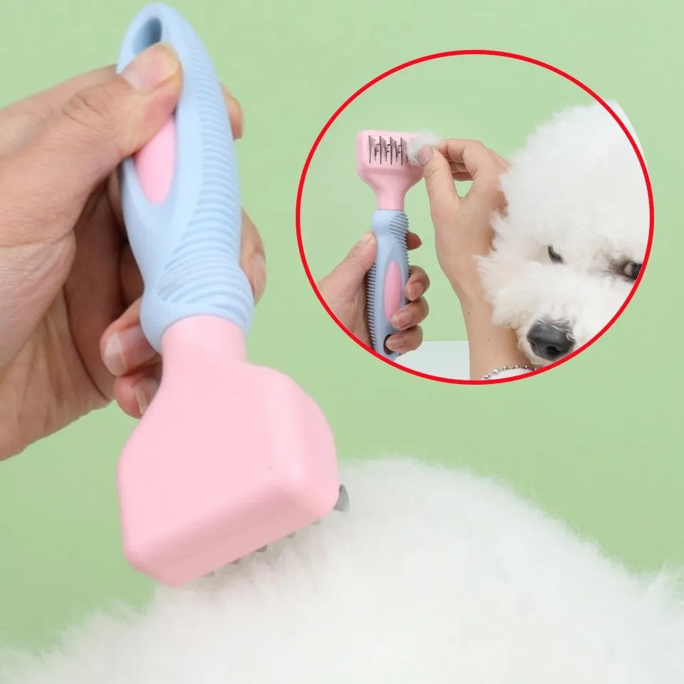 Stainless steel pet grooming comb with knot knife and massage brush in pink colour