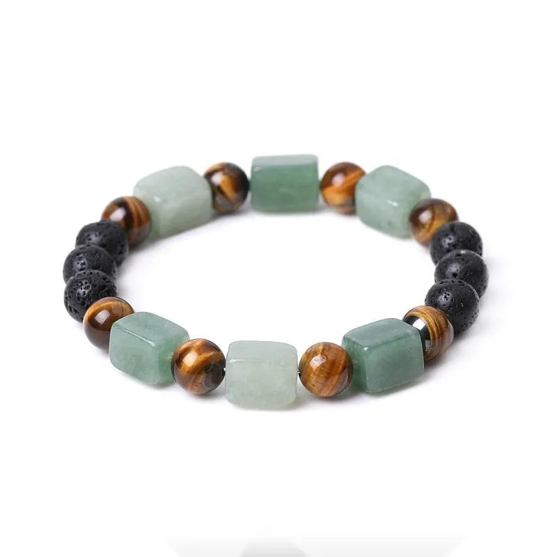 Rectangular amethyst and volcanic stone bead bracelet in geometric shape on a background.