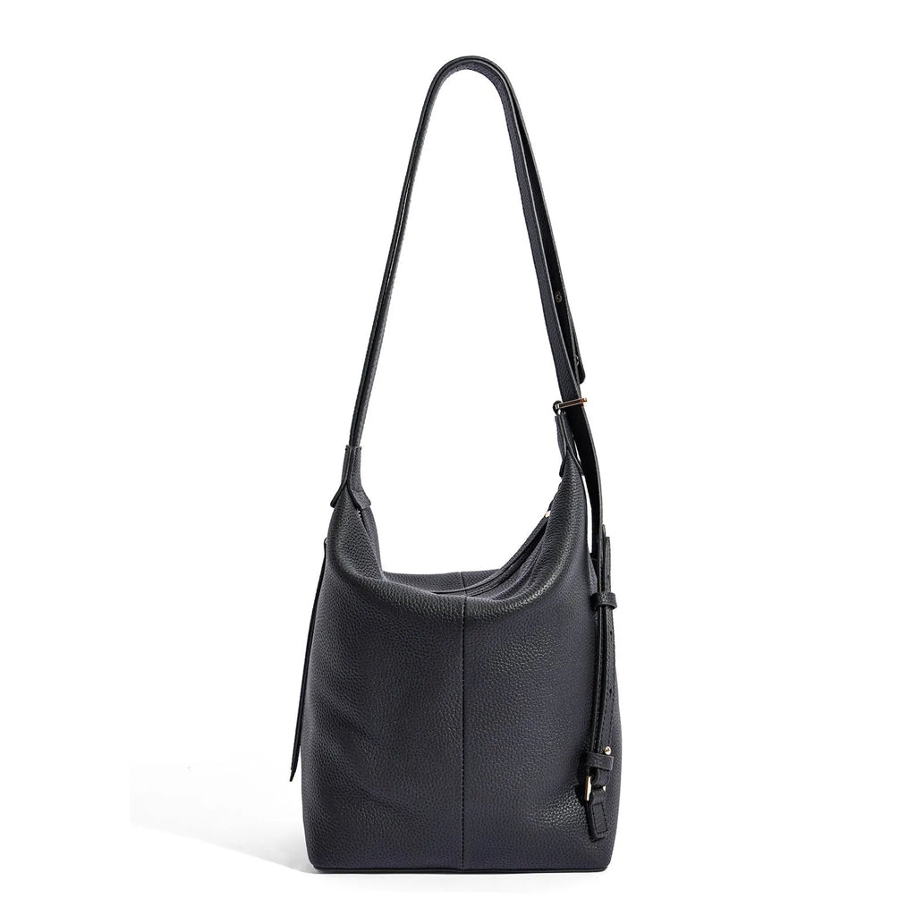 Women's genuine leather bucket shoulder bag in elephant grey colour showing soft construction