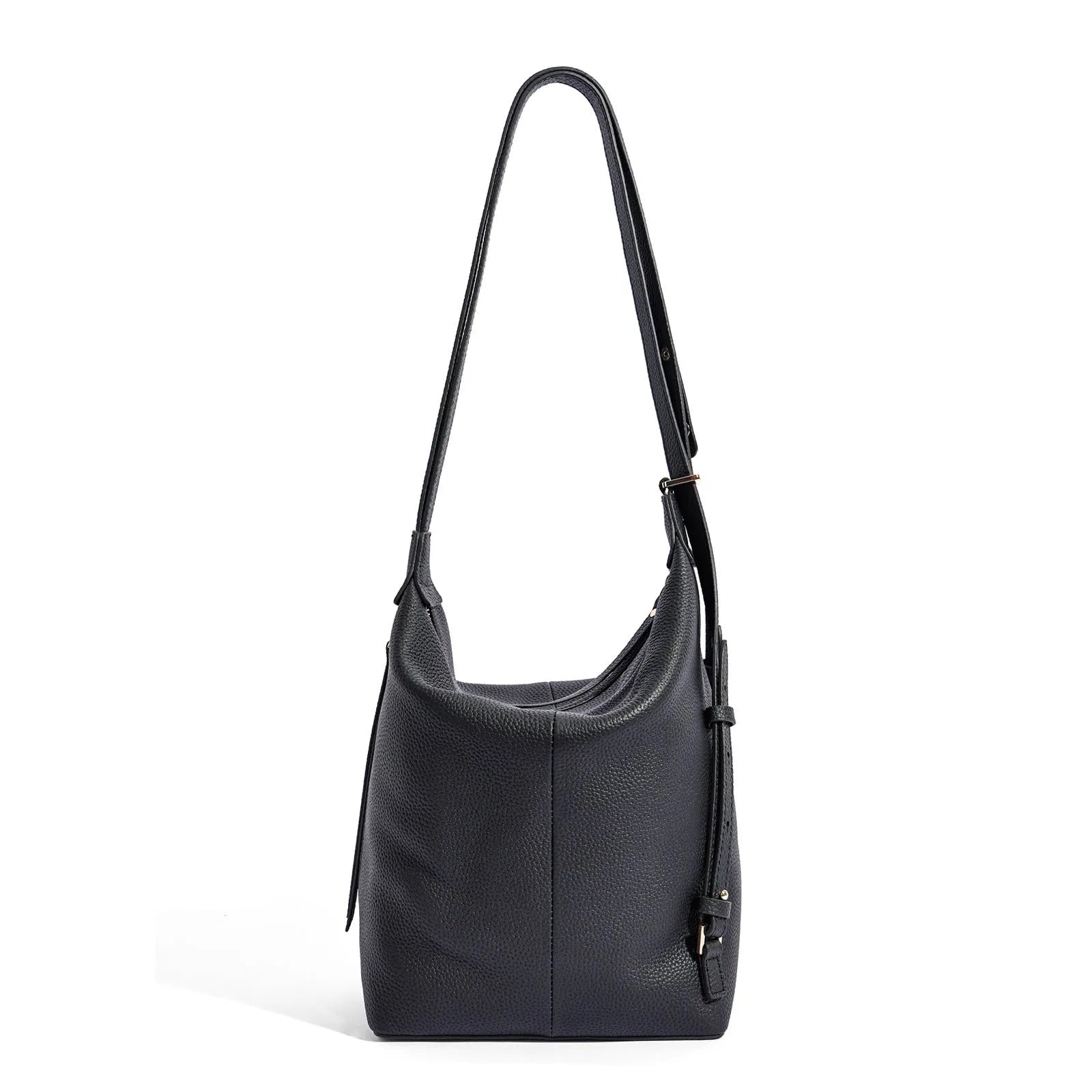 Women's genuine leather bucket shoulder bag in elephant grey colour showing soft construction