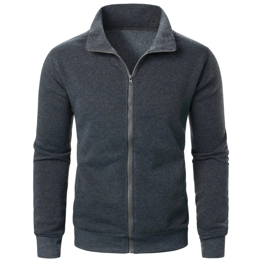Men's black stand collar fleece-lined zipper cardigan with threaded cuffs, slim fit, long sleeves, winter sweatshirt style