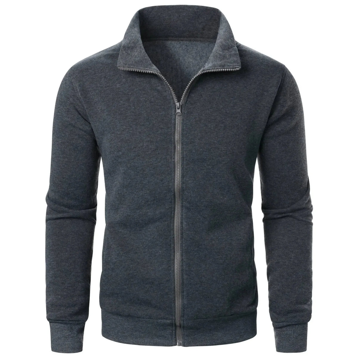 Men's black stand collar fleece-lined zipper cardigan with threaded cuffs, slim fit, long sleeves, winter sweatshirt style