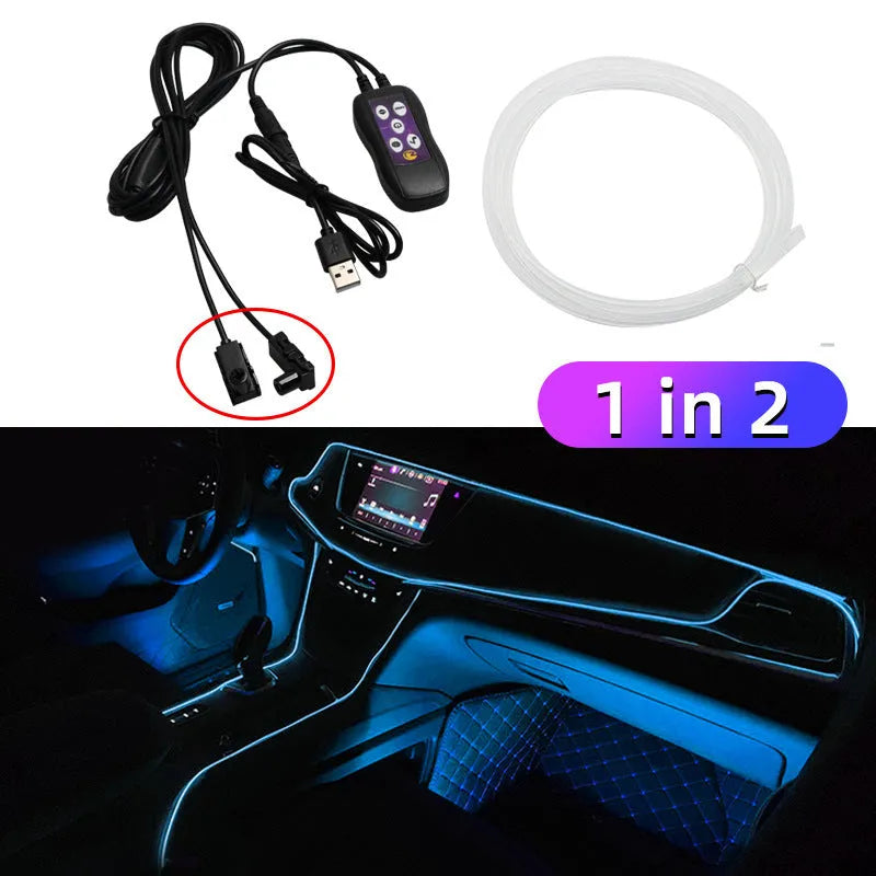 Car interior LED atmosphere light with colourful changing effects installed along dashboard