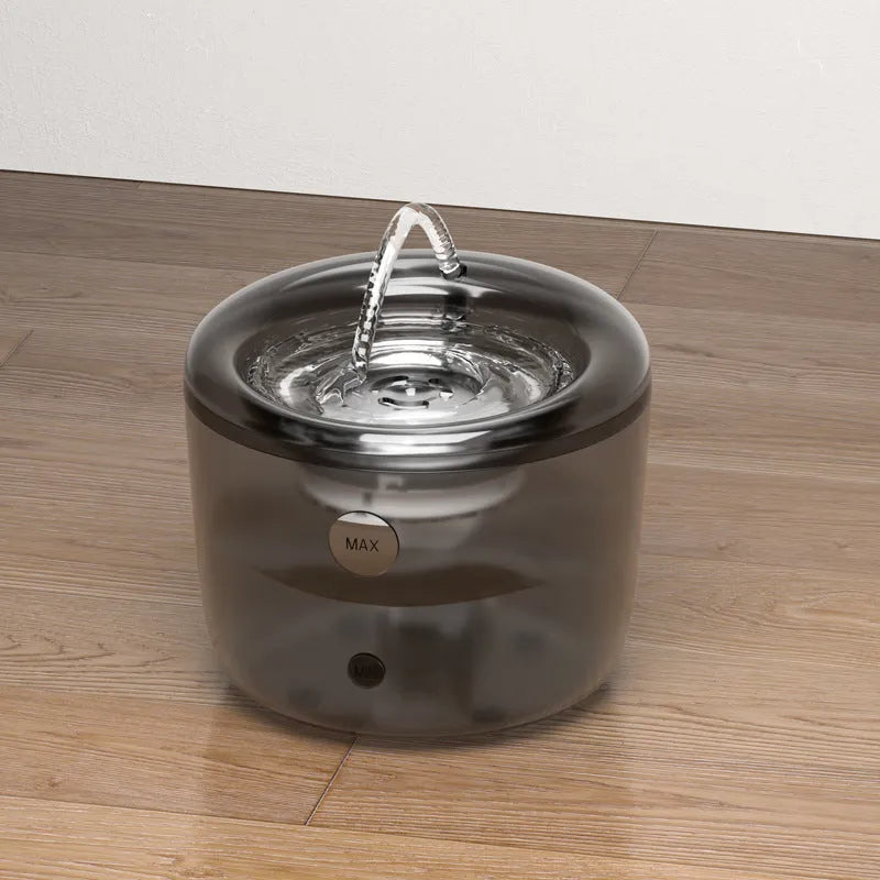 Grey pet automatic water fountain with USB cable and circulating filter system