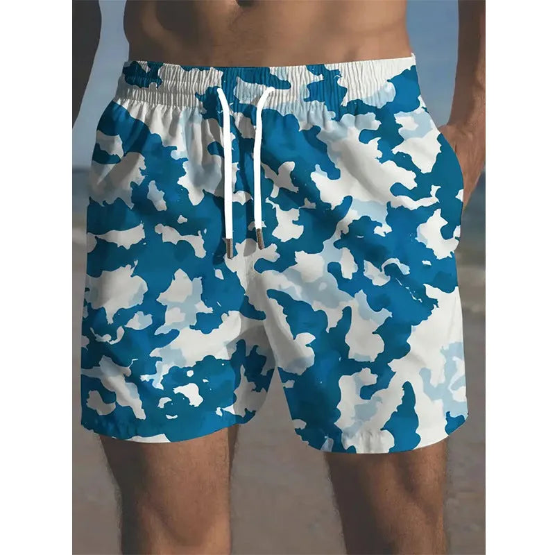 Men's micro-elastic polyester beach shorts in printed design with stretch waistband