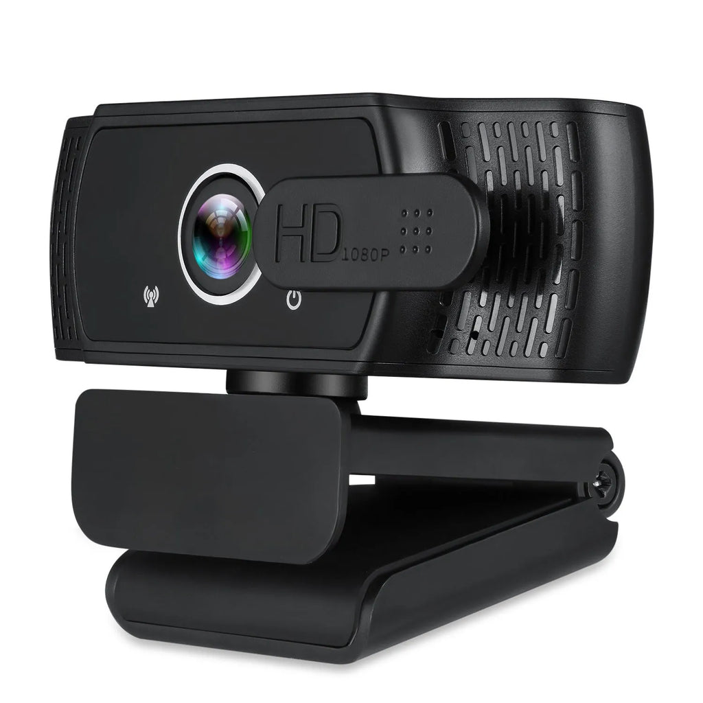 Black USB computer webcam with built-in microphone mounted on a laptop screen.