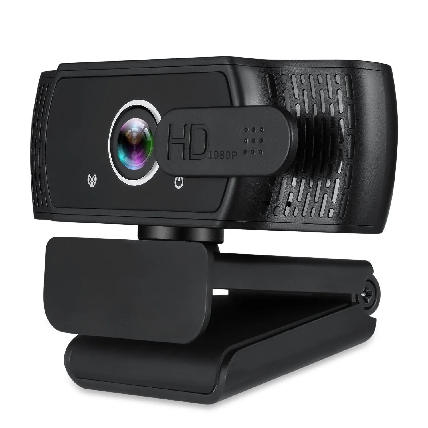 Black USB computer webcam with built-in microphone mounted on a laptop screen.