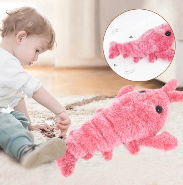 USB rechargeable jumping lobster cat toy with motion-activated swaying and flipping action, made of soft plush fabrics