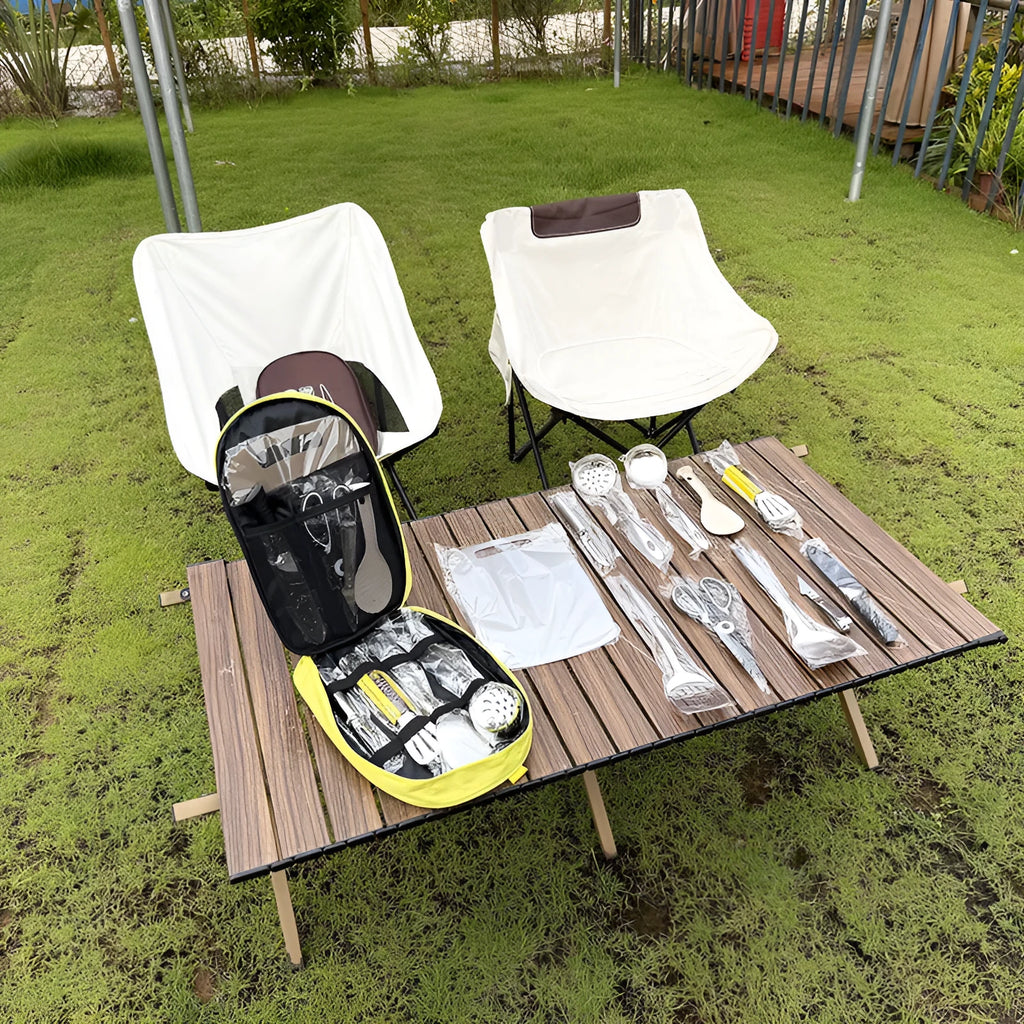 Portable picnic kitchenware storage bag containing 12 stainless steel utensils.