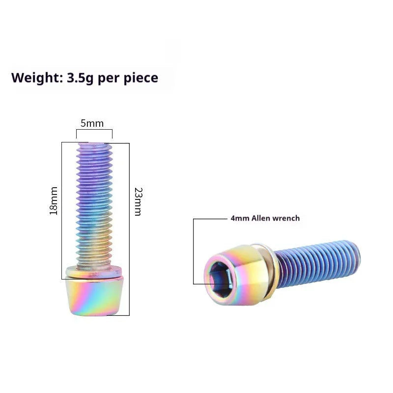 Set of six coloured stainless steel screws for mountain bike handlebar riser clamps on a card.