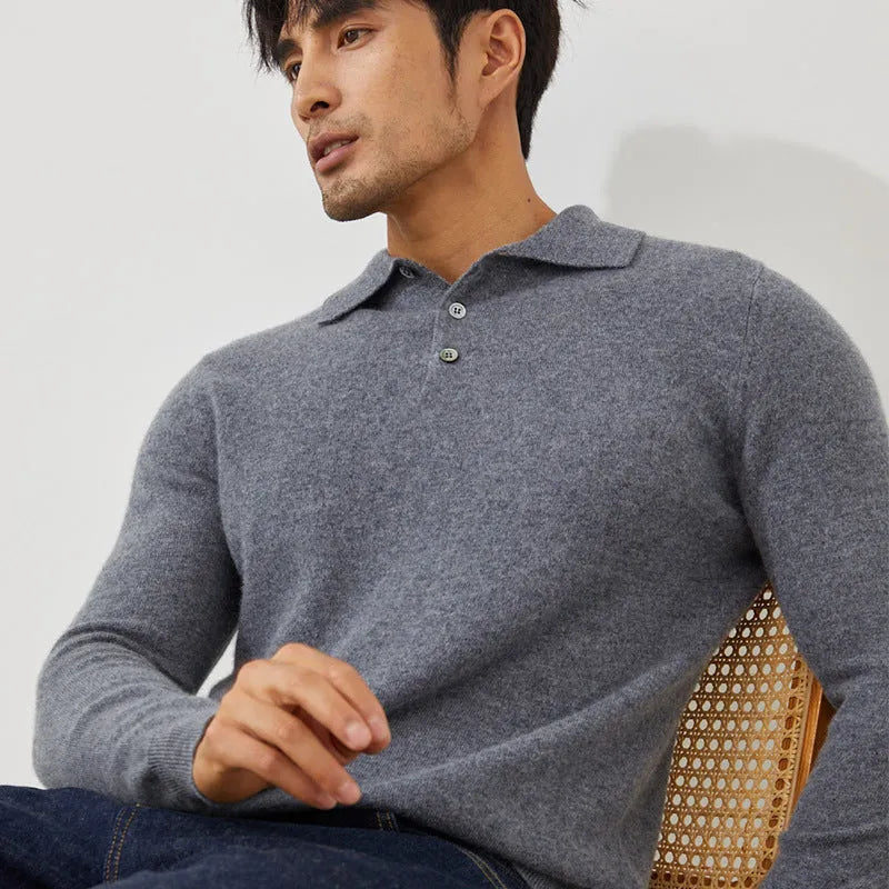 Men's light blue cashmere pullover sweater with a polo collar and short sleeves on a hanger.